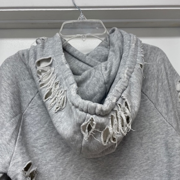 Alo Gray Distressed Hooded Sweatshirt Pullover Top - Picture 8 of 9